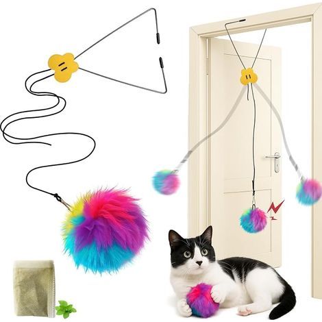 Interactive Cat Toy with Hanging Door, Self-Fun Indoor Cat Toy with Colourful Plush Ball and Bell, Adjustable Height Anti-Boredom Accessory for Cats Exercise Entertainment (1/5)