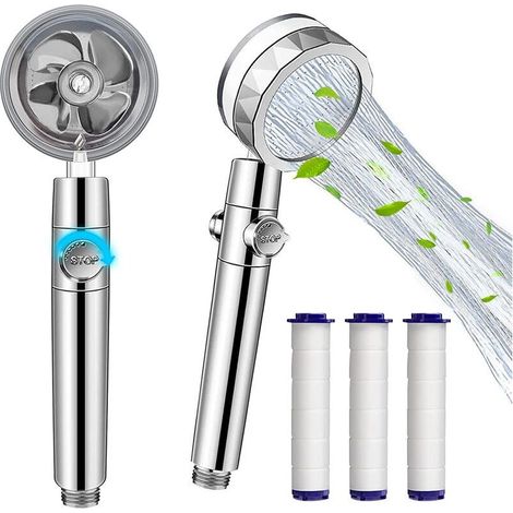 Pommeau de Douche Anti Calcaire Economie D'eau Douchette Helice Haute Pression Rotative 360° avec 3 Coton PP Remplaçable - Bleu (1/5)
