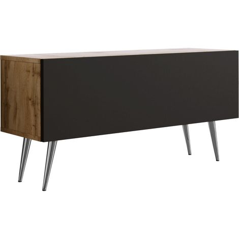 Meuble TV : Chêne Wotan / Noir Mat, pieds Chrome, 100 × 52 × 32 cm (1/5)