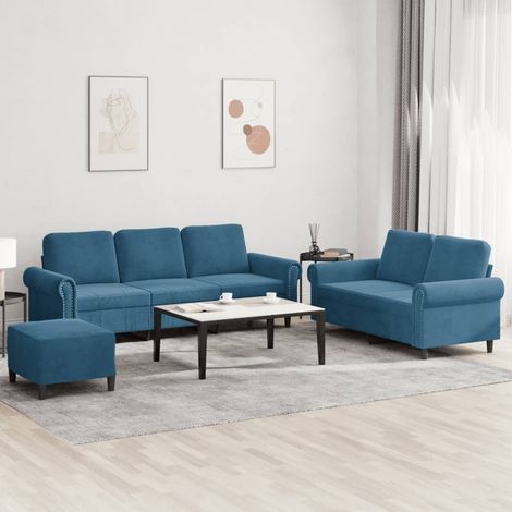 3-tlg. Sofagarnitur mit Kissen Blau Samt (1/5)