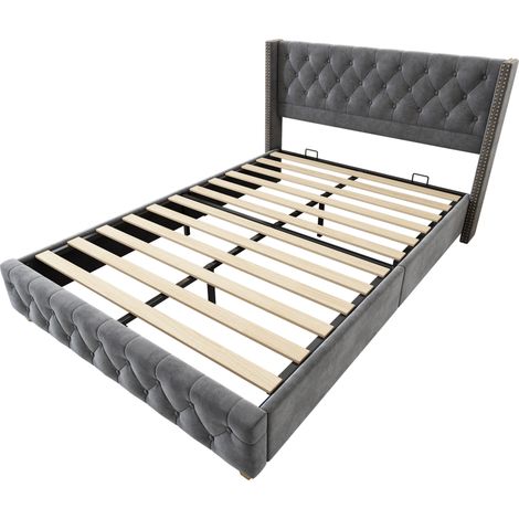 Letto imbottito 160x200 cm in velluto grigio con rete a doghe, testiera e piedi in legno (1/5)