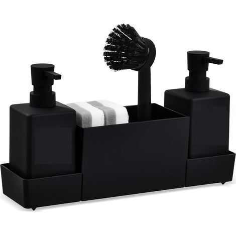 Lntyq Distributeur Liquide Vaisselle 4 en 1 - Porte Éponge et Brosse avec Organisateur Évier Cuisine Pratique - Distributeur Savon Cuisine Élégant pour Salle de Bain, Noir, plastique, 321015cm (1/5)