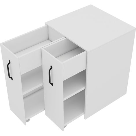 Petit meuble de rangement mobile en panneaux de particules 52x50x75 cm avec roulettes, étagères et tiroirs, configuration réversible (1/5)