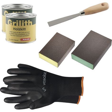 Grilith Holzkitt - Reparaturpaste Spachtelmasse, ideal zur Holzreparatur mit Schleifblöcke K220 & K320 und Spachtel, schwarz/weiß 2x200ml (1/4)