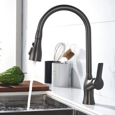 Robinet de cuisine, robinet d'évier à col de cygne avec douchette extractible, mitigeur pivotant à 360° en acier inoxydable, 3 jets (1/5)