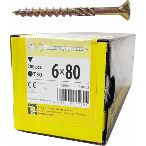 Vis autoperceuse coniques 6x80 mm – Lot de 200 pièces – Acier électro-galvanisé – Tête TX30 pour vissage rapide – Domax