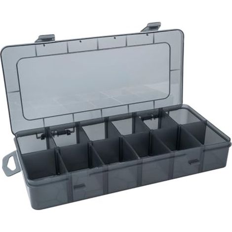 Caja clasificadora para piezas pequeñas, caja de almacenamiento con 12 compartimentos, 26 x 13,5 x 4,3 cm, translúcida negra (1/5)