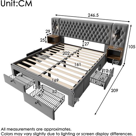 Ensemble de chambre à coucher complet, lit rembourré double 160×200 cm avec 2 tables de chevet et 4 tiroirs, tête de lit avec lumière de lecture et fonction de charge USB, gris, velours (avec matelas)
