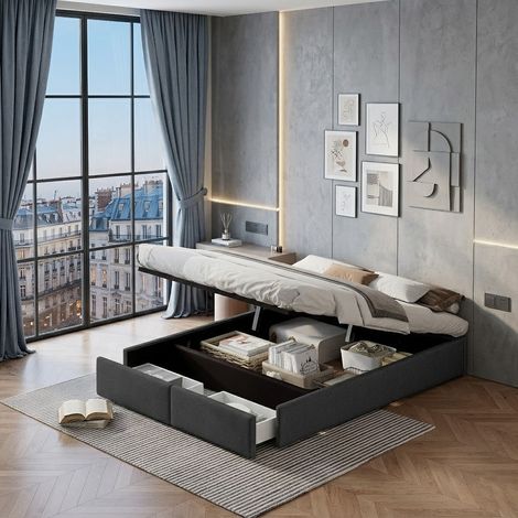 Lit Coffre Hydraulique 160x200 cm avec 2 Tiroirs - Sommier Relevable et Rangement Pied de Lit - Revêtement Lin Gris/Beige - Design Minimaliste sans Tête de Lit (1/5)