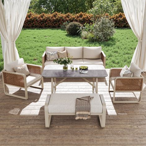 Ensemble salon jardin 6-7 pers rotin PE beige : canapé, table, coussins lavables, pieds réglables terrasse 100x59x71,5cm (1/5)