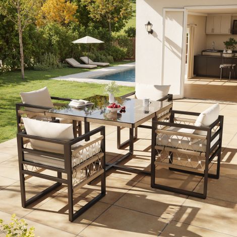 Durable Hand-Woven Patio Sofa Set for 4 with Beige Cushions, Includes Safety Glass Table and 4 Armchairs, Weather-Resistant Design (1/5)