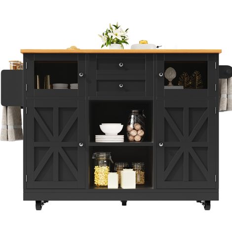 CHICFURN Isola cucina 140x40x93,5 cm MDF/metallo nero, piano effetto legno con ruote (1/5)