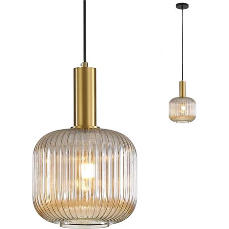 Suspension Luminaire en Verre,Finition en Laiton Doré, Ambré, 20CM (1/5)