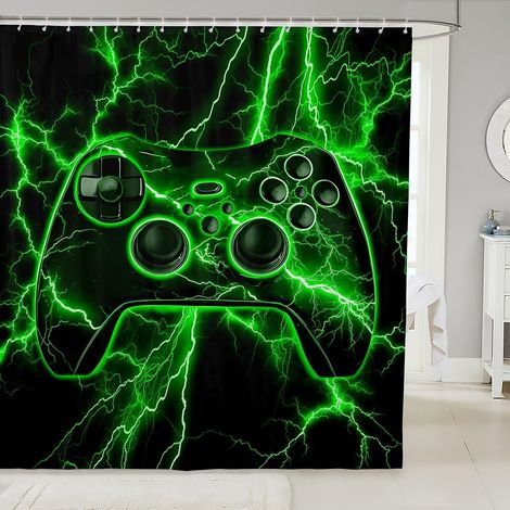Rideau Douche 180x200cm Gamer, Rideaux de Douche Gaming, Rideau de Baignoire Console de Jeux Vidéo, Rideaux Salle de Bain Vert Lightning - 180L X 200H cm (1 Panneaux) (1/5)