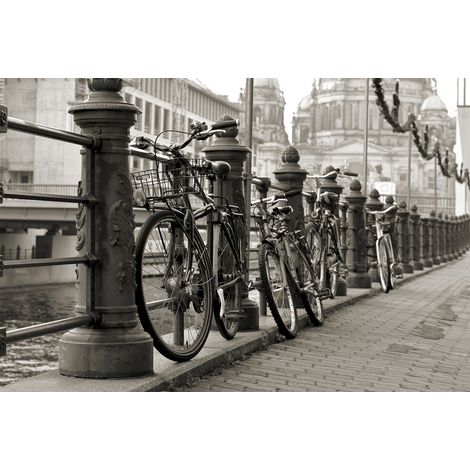 Papier peint panoramique urbain noir et blanc | Tapisserie panoramique moderne pour salon | Papier peint panoramique 3D vélos - 267 x 400 cm (4 pièces) (1/2)