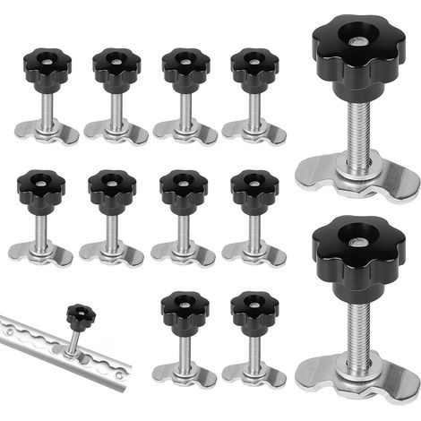 Lot de 12 rails d'arrimage à vis M8 x 60 - Accessoires galvanisés - 500 daN - Avec vis à poignée étoile - Pour rails d'arrimage - Noir (1/5)