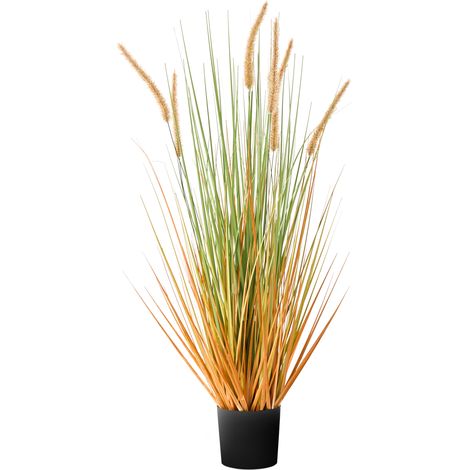 Planta artificial en maceta para interior decoración de plástico con maceta negra 90 cm hojas verdes y junco naranja Bristlegrass