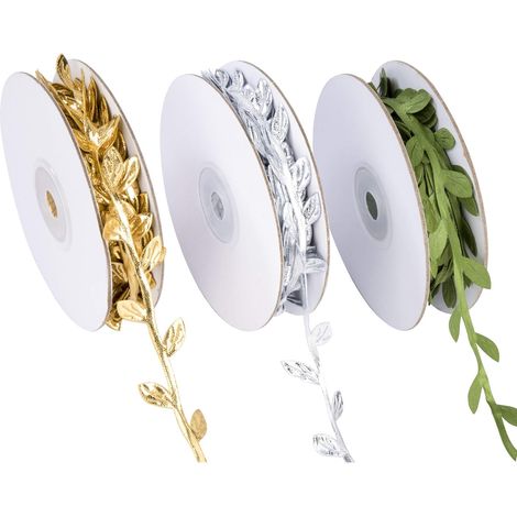 Vignes Artificielles Ruban Plantes Faux Rubans Feuille Vigne Guirlande Ruban pour l'Artisanat de Bricolage et Décoration de Jardin de Maison de Mariage de Fête 3 Rouleaux (Doré/Argenté/Vert) (1/5)