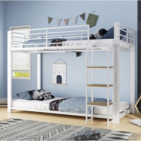 Etagenbett 90/200 cm in bianco e noce con scala integrata e protezione anticaduta (1/5)