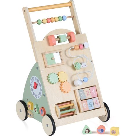 Conjunto de muebles de madera para niños (2 piezas): andador con cesta y estantería de tres estantes (1/5)