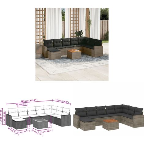 9-tlg. Garten-Sofagarnitur mit Kissen Grau Poly Rattan - Gartenmöbel Set - PE-Rattan Möbel - Outdoor Lounge - Esszimmergarnitur - Balkonmöbel - Home & Living (1/3)