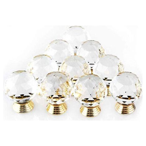 BUNTHAUS Promotionnel 10 poignées bouton de porte forme diamètre 30 mm cristal or, boutons d'armoire, décoration de bouton en verre rond pour tiroirs de meubles