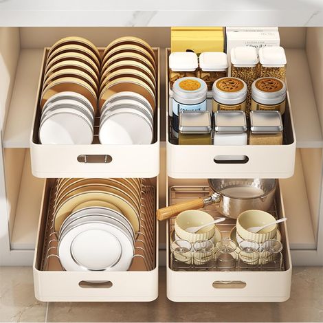 Tiroir télescopique extensible avec égouttoir à vaisselle - Étagère de cuisine pour ranger assiettes et bouteilles - Gain de place pour armoire et évier, pas de perçage inclus (1/5)