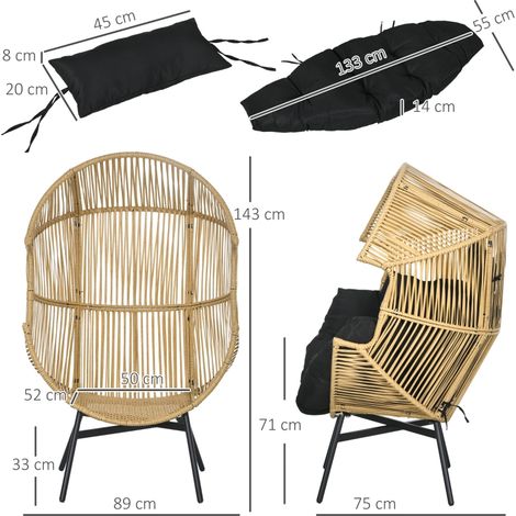Fauteuil en rotin, fauteuil d'extérieur, fauteuil de jardin, rotin PE, 89 cm x 75 cm x 143 cm, naturel et noir (1/5)