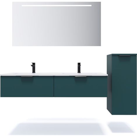 Meuble de salle de bain suspendu double vasque intégrée 140cm 2 tiroirs Bleu + miroir + colonne ouverture droite - Soho (1/5)