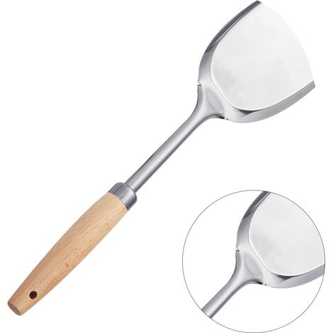 Spatule ergonomique de style chinois avec manche en bois et acier inoxydable résistant à la chaleur, idéale pour la cuisine. (1/5)