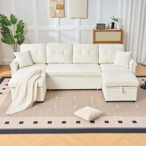 Canapé d’Angle,4 Places,en Forme U Fonction Lit,Avec Coffre Rangement,Velours,266×130×85 cm,Beige (1/5)