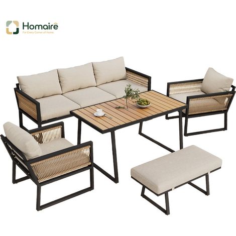 HOMAIRE Set de mobilier de jardin 5 pièces : canapé 3 places, 2 fauteuils, tabouret et table à manger en bois synthétique, accoudoirs en corde tressée et structure en acier galvanisé, beige