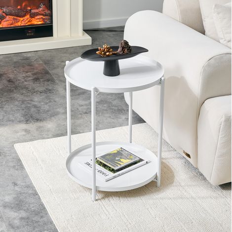 Tavolino rotondo a 2 livelli con ripiano 42 x 52 cm in MDF e metallo bianco OKWISH (1/5)