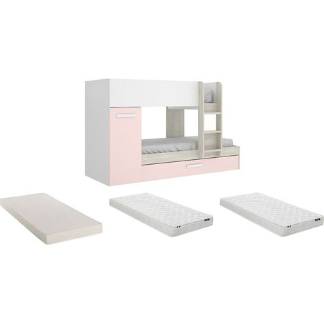 Letto a castello con contenitori 3 x 90 x 190 cm Bianco, Naturale e Rosa + Materasso - ANTHONY
