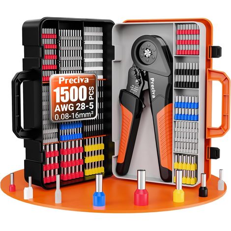 Jeu d'Outil à Sertir Pour Embouts Bootlace 0,08-16 mm² avec Boîte et 1500 Pièces de Connecteurs, 28-5 AWG, Pince à Sertir Ajustable à Cliquet pour Embouts de Câble, Pince à Connecteurs (1/5)
