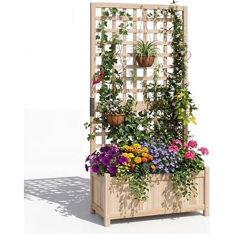COSTWAY Jardinière avec Treillis en Bois, Bac à Fleurs Surélevé avec Trous de Drainage Fond Amovible, Jardinière Brise-Vue pour Plantes Grimpantes Légumes Fruits, 76 x 32 x 143 cm (Naturel) (1/5)