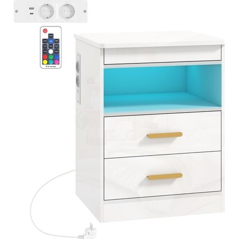 Table de chevet blanche brillante avec station de charge intégrée et éclairage LED RGB (1/5)