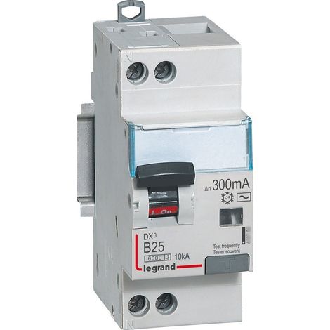 Disjoncteur différentiel DX³6000 10kA arrivée haute départ bas à vis U+N 230V 25A type AC 300mA courbe B LEGRAND 410901