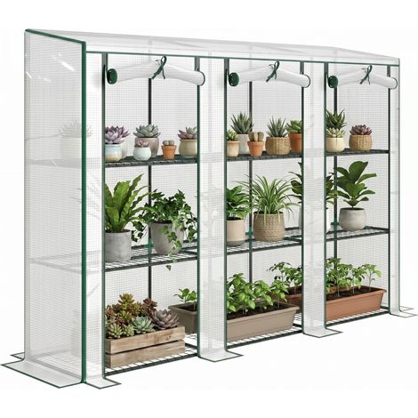 Dreistöckiges Gartengewächshaus mit Regalen, Balkon, 3 aufrollbaren Reißverschlusstüren, Maße 215x46x151 cm, weiß, ideal für Pflanzen, Gemüse, Tunnelgewächshaus, Unterstand im Freien, Winterschutz.