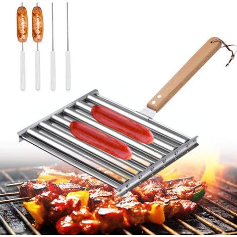 Rouleau à hot-dogs en acier inoxydable grand format, avec 4 brochettes, pour barbecue, 24 x 18 cm (1/5)