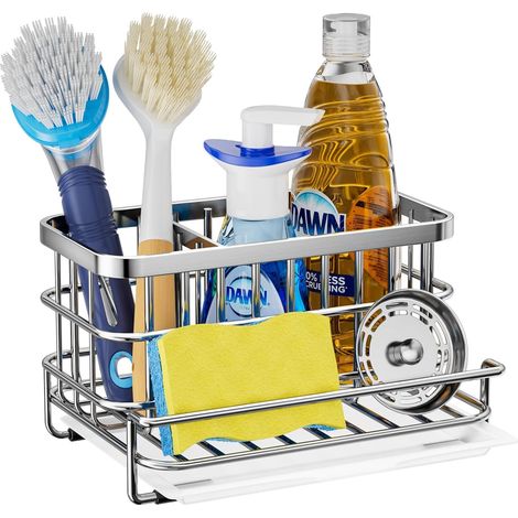 Organisateur d'évier multifonction, grand modèle avec bac d'égouttage, porte-éponge antirouille en acier inoxydable SUS304 - Argent (1/5)