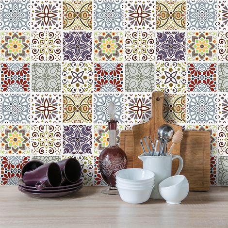 Sticker Mural Carrelage adhésif Cuisine Salle de Bain - 9 STICKERS CARREAUX DE CIMENT AZULEJOS YAEL - 9stickers15x15cm (1/5)