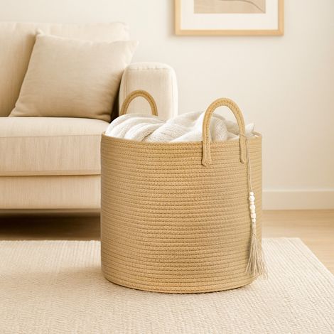 Laundry Basket Wicker Basket 404035cm Foldable Washing Baskets with Sturdy Handles Storage for Clothes Bedding for Blankets Toys Clothes Shoes Plant Organizer Bin Living Room Home Decor (Yellow) (1/5)