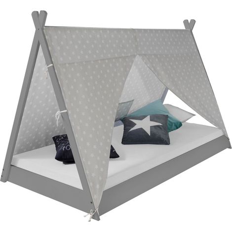 Lit pour enfant tipi tente indienne 90 x 200 cm en bois gris avec tissu et sommier LIT06202 (1/5)