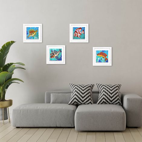 Lupia - Set 4 Quadri moderni stampa su CERAMICA cornice Shabby MODERN White FISHES Vetrate con pesci 18x18 cm (1/4)