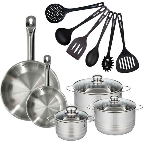 Set 2 poêles 20 28 cm en inox, 3 faitouts inox 16, 20 et 24 cm et 6 ustensiles RPET Fackelmann Eterna (1/5)