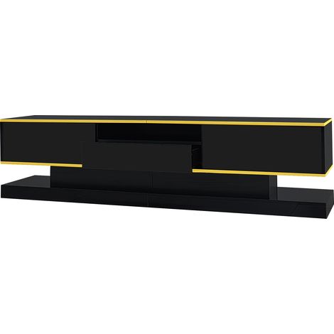 ELVMI TV-Schrank mit 3 Schubladen, 1 offenem Fach und LED, goldene Dekorleisten, für Wohnzimmer, 180×38×45 cm, Schwarz (1/4)
