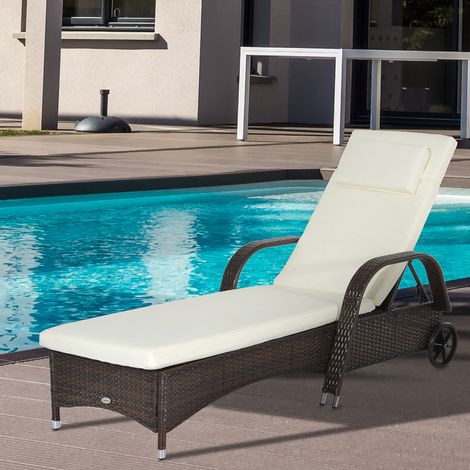 Chaise longue de jardin avec coussin, dossier réglable, structure en métal, polyrotin, marron et crème, 200 x 73 x 103 cm (1/5)