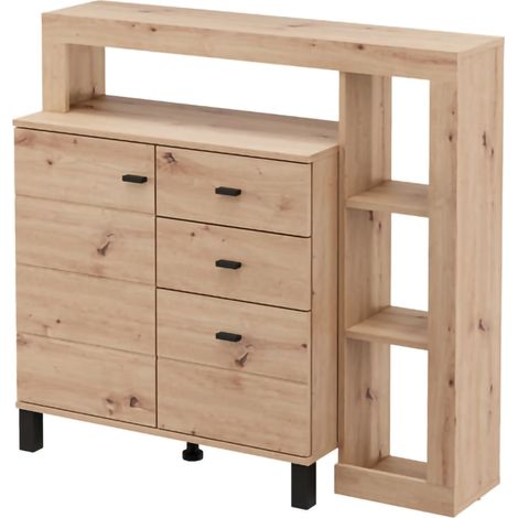 Kolonialer Buffetschrank, Kommode mit 3 Schubladen, 4 Regalen, Flügel- und Schiebetür, 106x35x101h cm in Eichenbraun