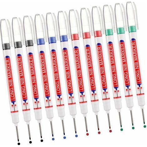 Marqueurs Trou Profond, 12pcs Marqueur Charpentier, Stylo Marqueur Indélébile à Pointe Longue de 20 mm, Marqueur de Precision Chantier (Noir Bleu Rouge Vert) (1/5)